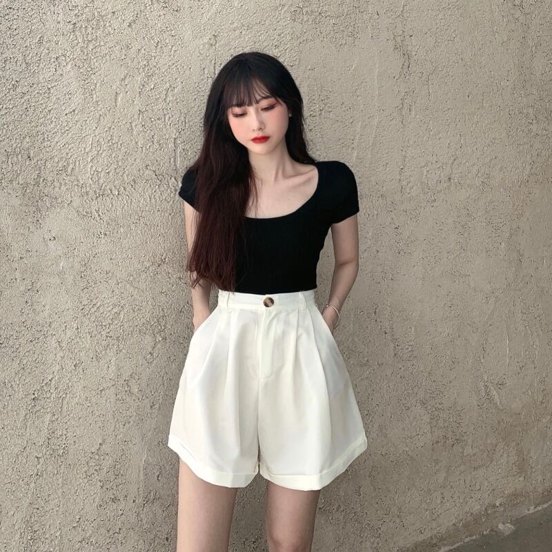 香港スタイルのレトロなスーツ黒のショートパンツ女性の夏のルーズハイウエストワイドレッグカジュアルパンツ2020新しい薄いパンツ ブラックストロベリース76317310025