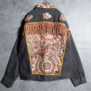 Native pattern fringe black denim jacket