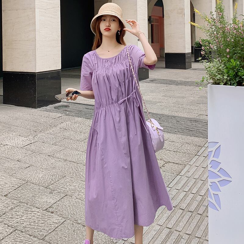 【新作】【送料無料】 マタニティウェア2020夏の新しい綿とリネンのステッチのルーズドレス、トレンディなマザーミドル丈で年齢を減らすマタニティドレス-アリババ コットン サマー 夏物 expec294241547351