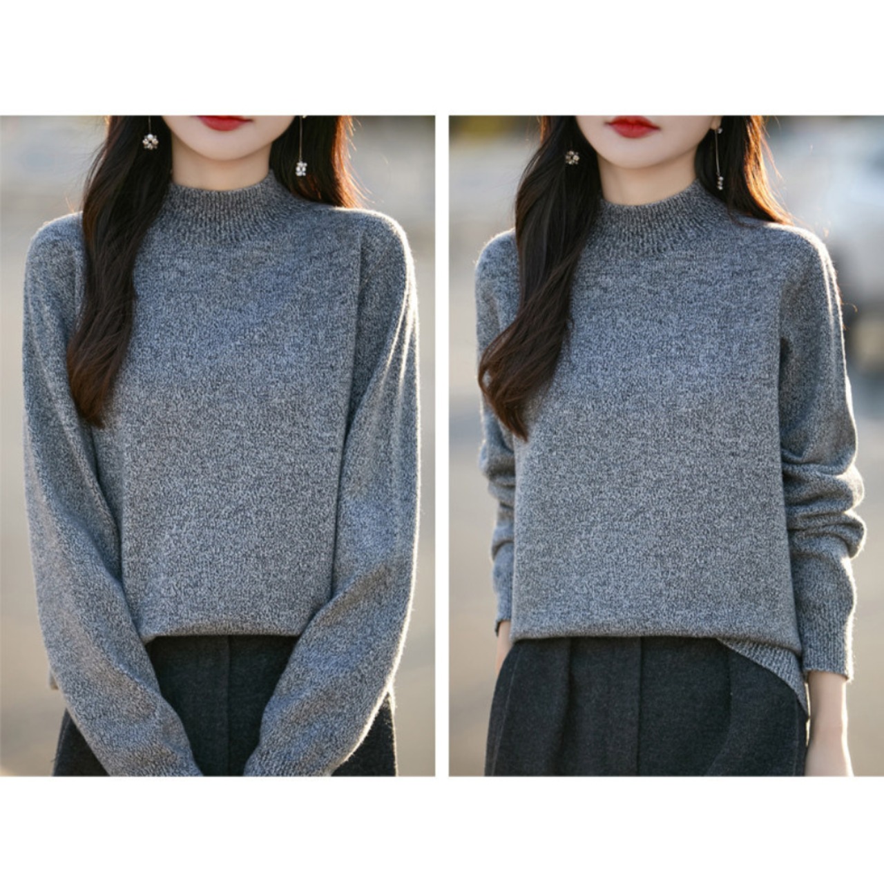 長袖 セミハイネック 混色ニットプルオーバー 9color W01078