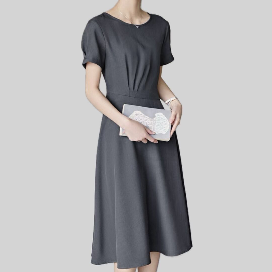 Round neck waist shirring design short sleeve flare dress 00130