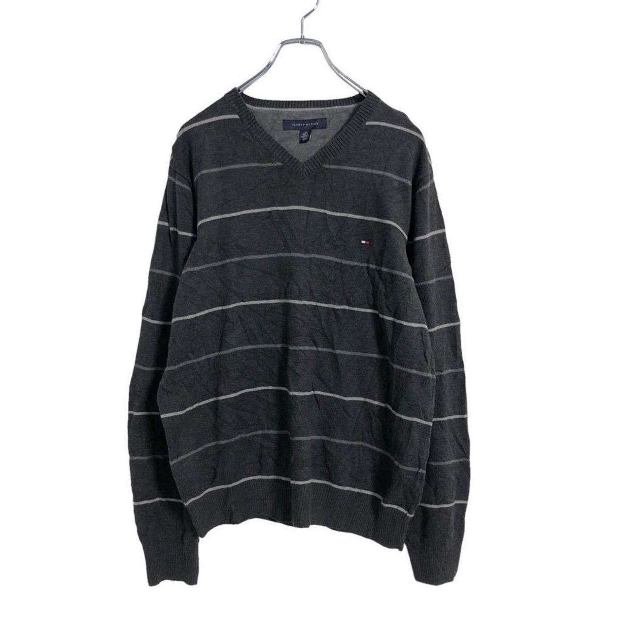 TOMMY HILFIGER コットン ニット セーター L グレー ボーダー Vネック 