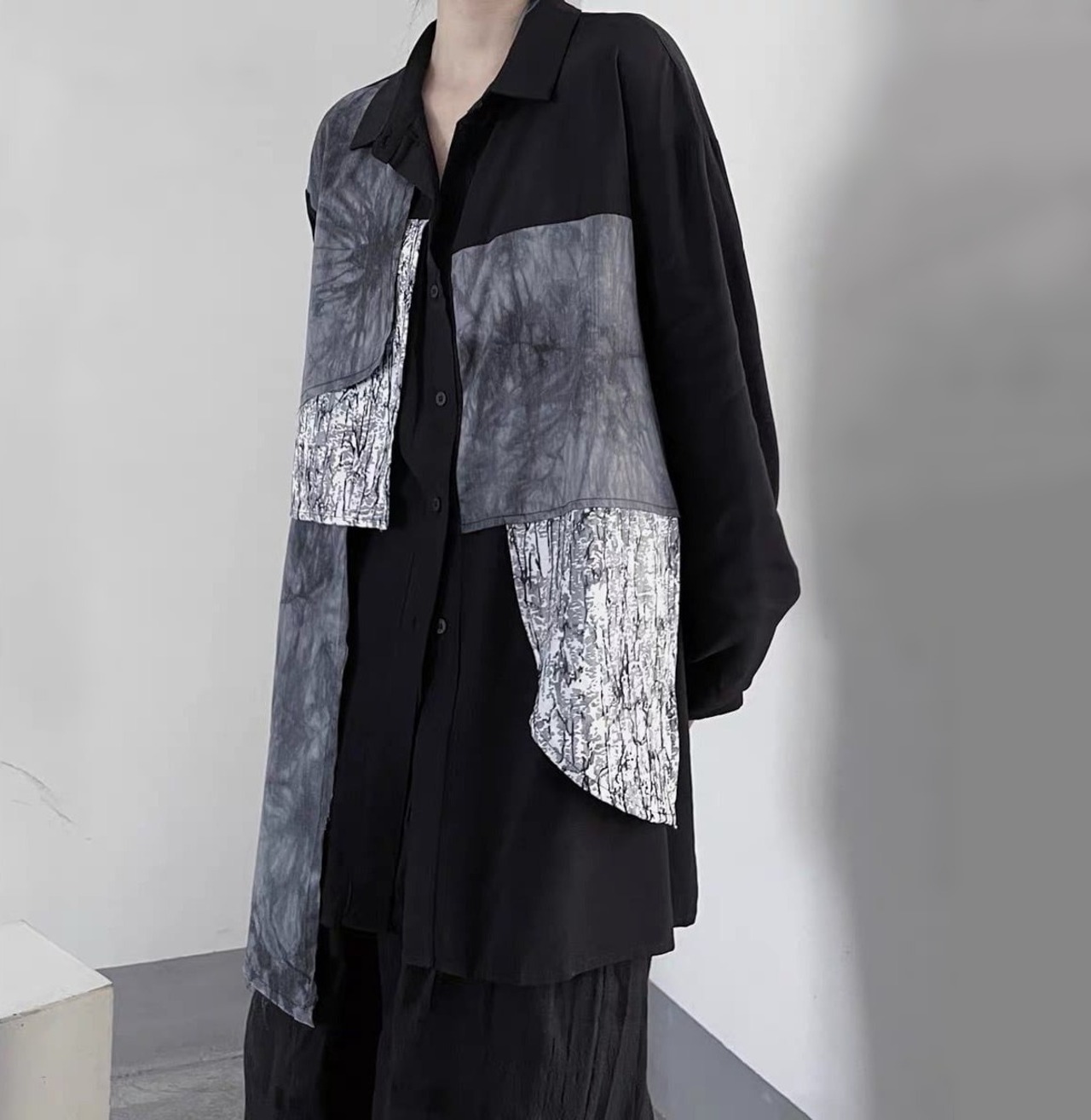 Chic Patchwork Long Shirt / シック パッチワーク ロング シャツ