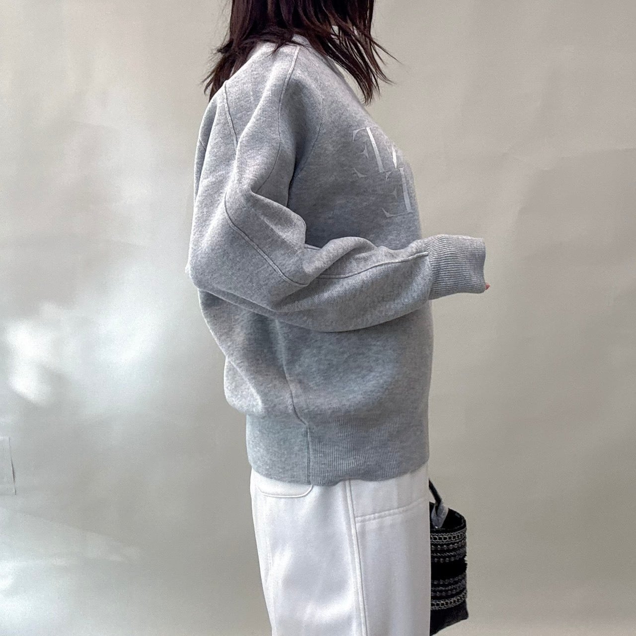 スウェット風プリントニットプルオーバ