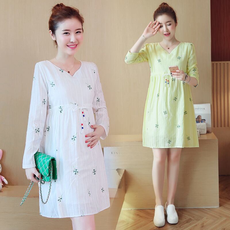 【新作】【送料無料】 8852＃マタニティ服春秋Vネックコットン長袖ルーズスタイリッシュフローラルドレス妊婦ママドレス ロング スプリング 春物 オータム 秋物 花柄 AL expec363480110323