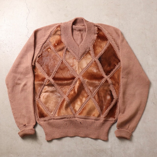 1940~50s  Jacquard  Sweater  Wool x Leather　R85