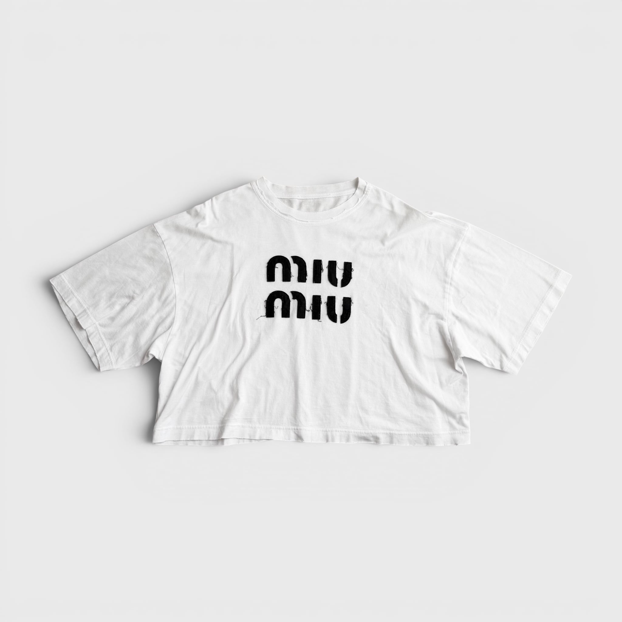 MIU MIU Logo Embroidered Cropped T-Shirt White XS | BRAND RESORT