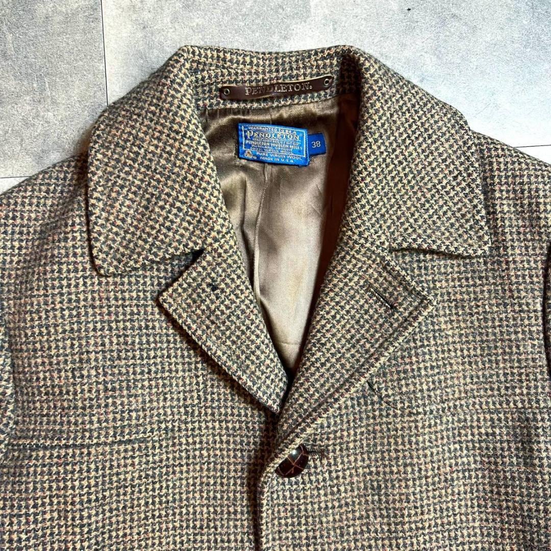 70's Made In USA PENDLETON Tweed Wool Ranch Coat In Brown Gun Club