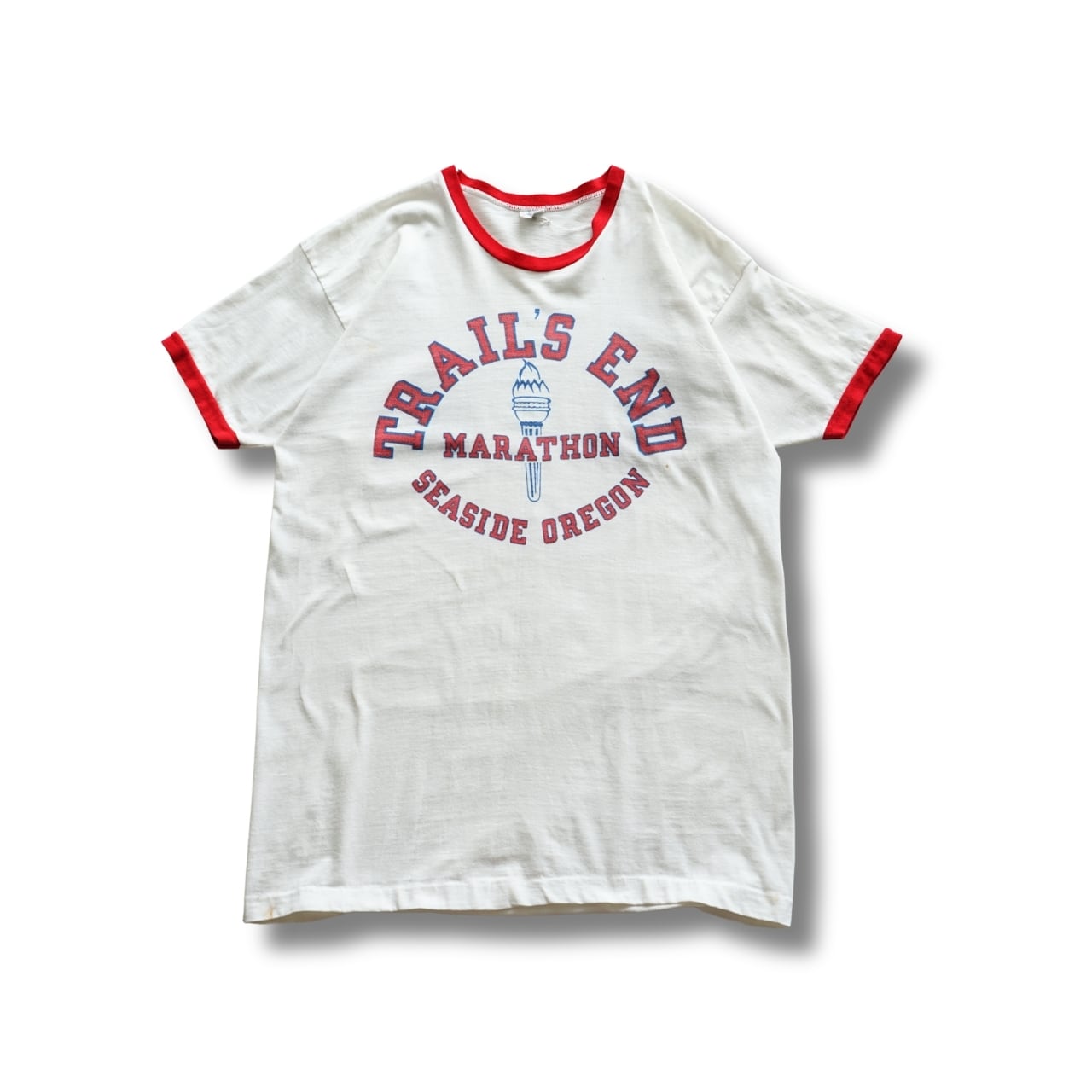 70s Champion バータグ TRAIL'S END MARATHON リンガーTシャツ(表記XL・実寸L相当)|NA851
