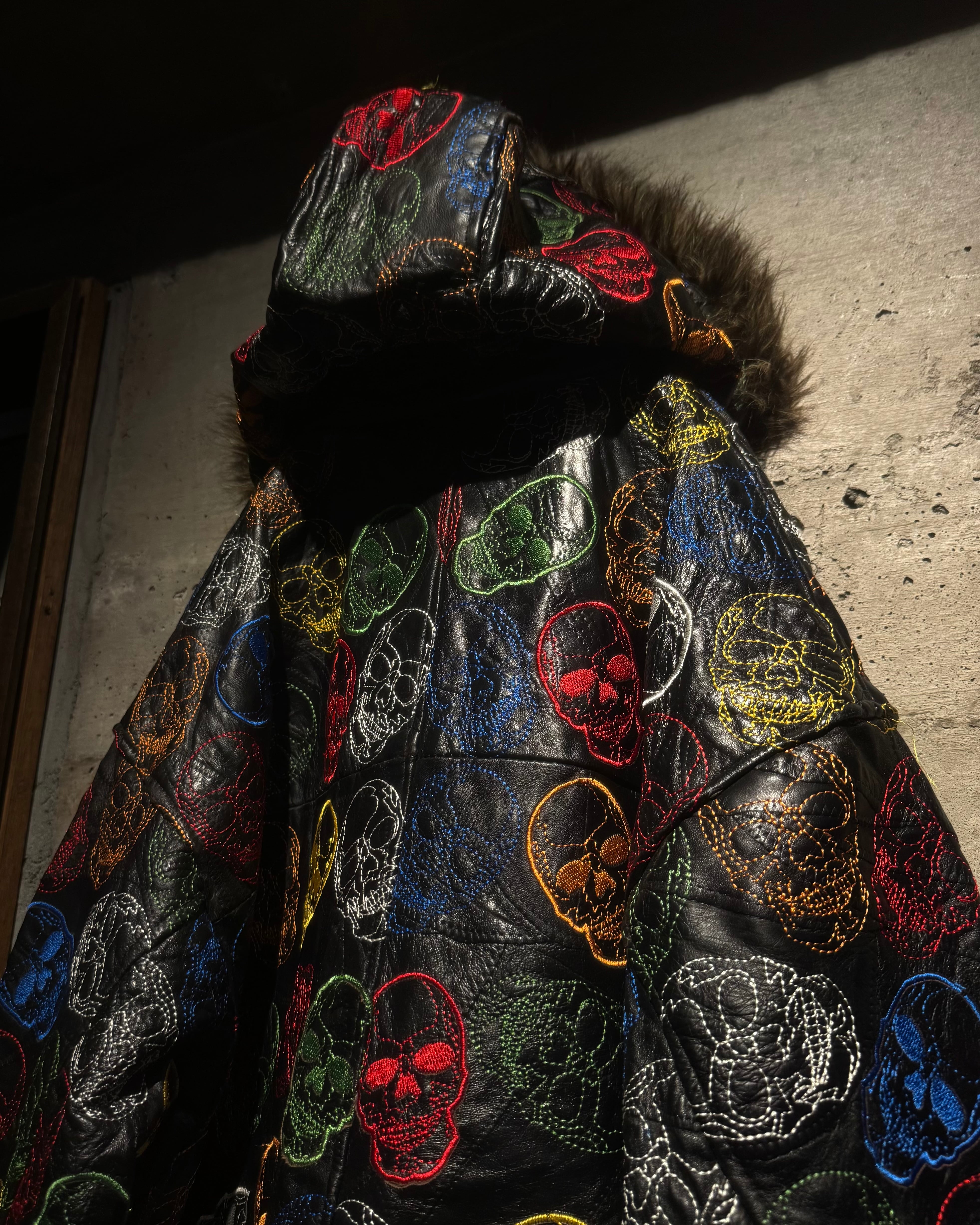Caka】Skull Total Embroidery × Patchwork Hooded Leather Jacket