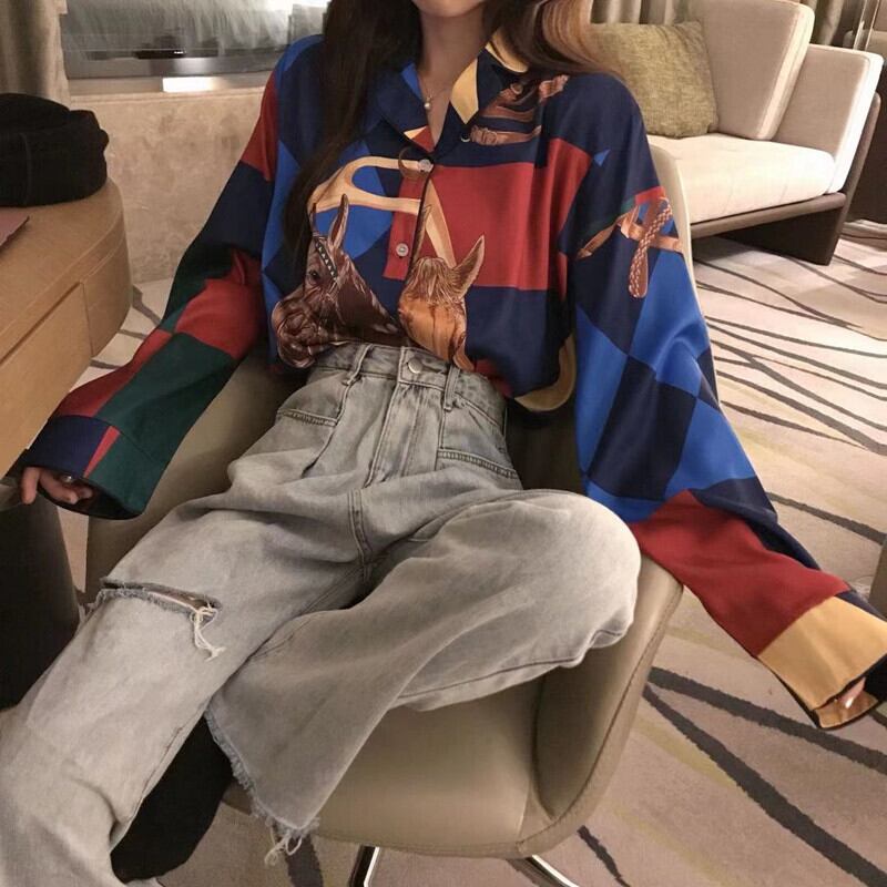 カラープリントスタンダードシャツ トップス スタイルオータムルーズ ロング レトロ 秋物 1号婦人90149910996