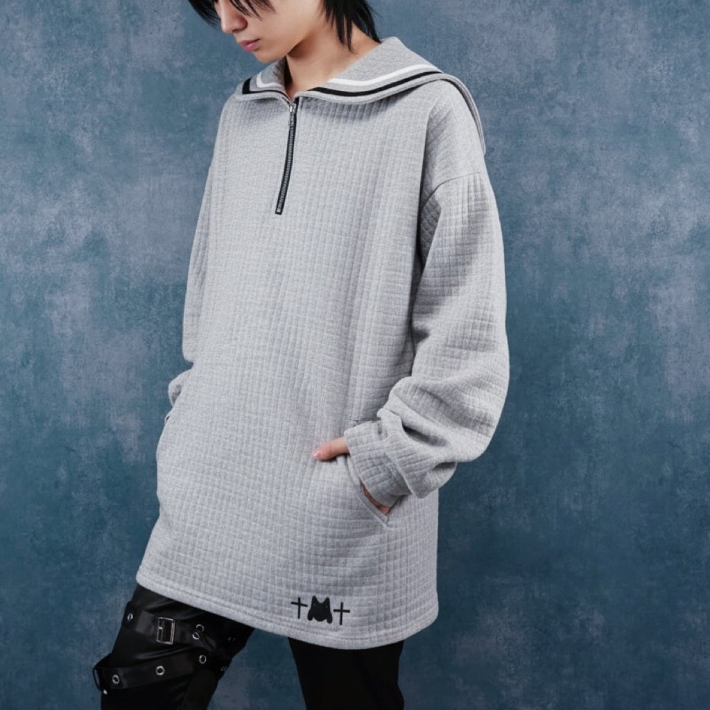 UNISEXセーラー襟ハーフZIPワッフルトップス【GRAY】 | NIER CLOTHING