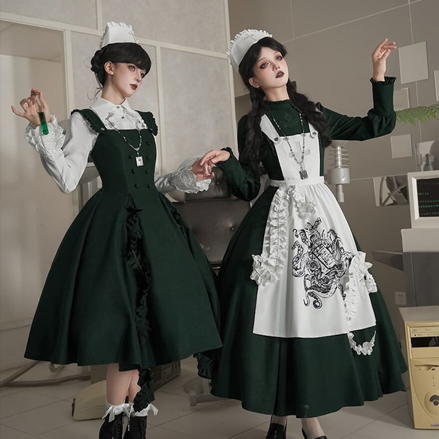 ゴスロリ ナース コスチューム 5点セット ロングワンピース ナース風 メイドエプロン 秋冬 PUJI