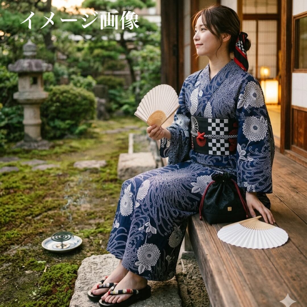 本日のみ浴衣 紺地 大輪の花柄 美品✨レディース 浴衣 大輪 菊花文様 濃紺色 昭和レトロ 夕涼み 花火
