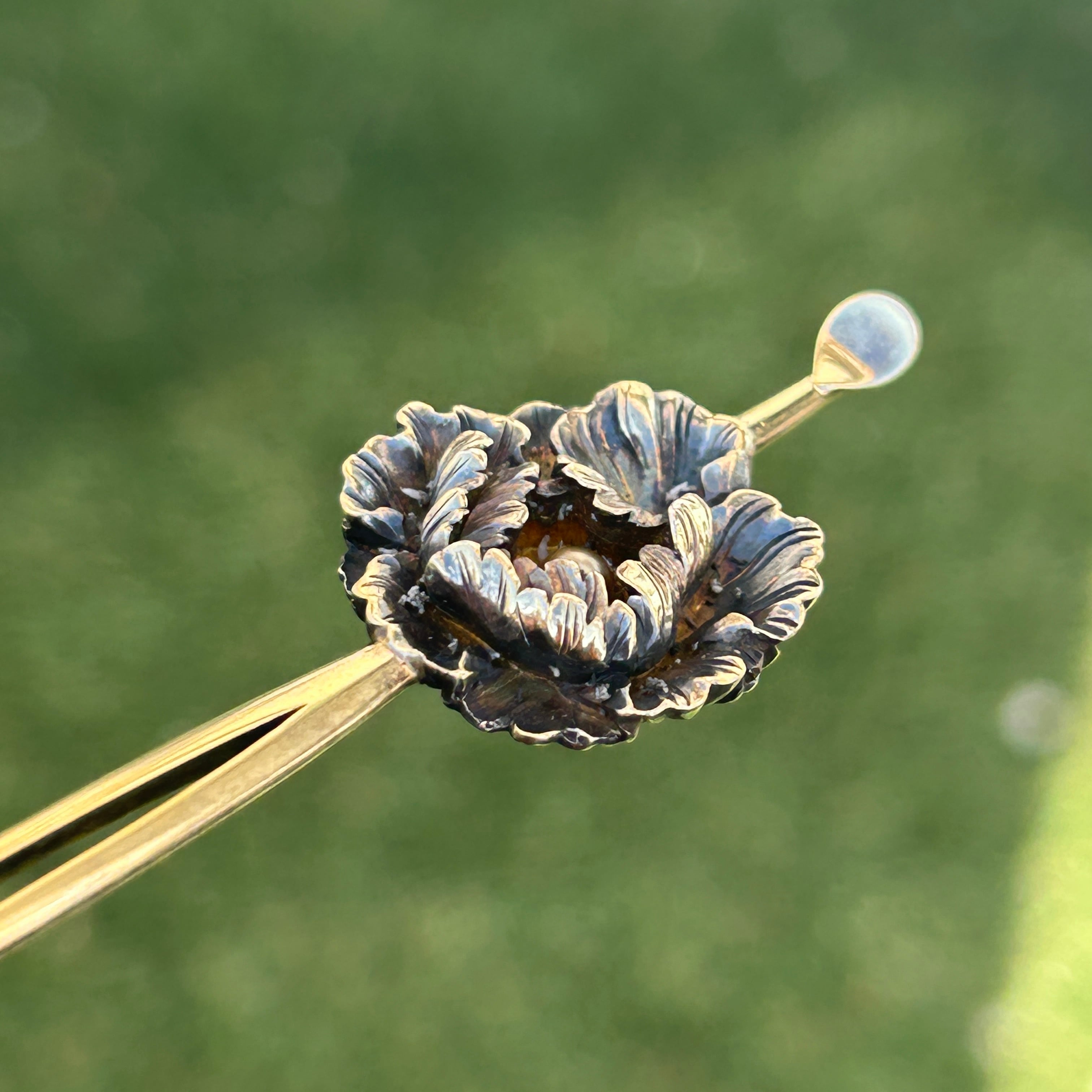 アンティーク　銀無垢　牡丹の平簪