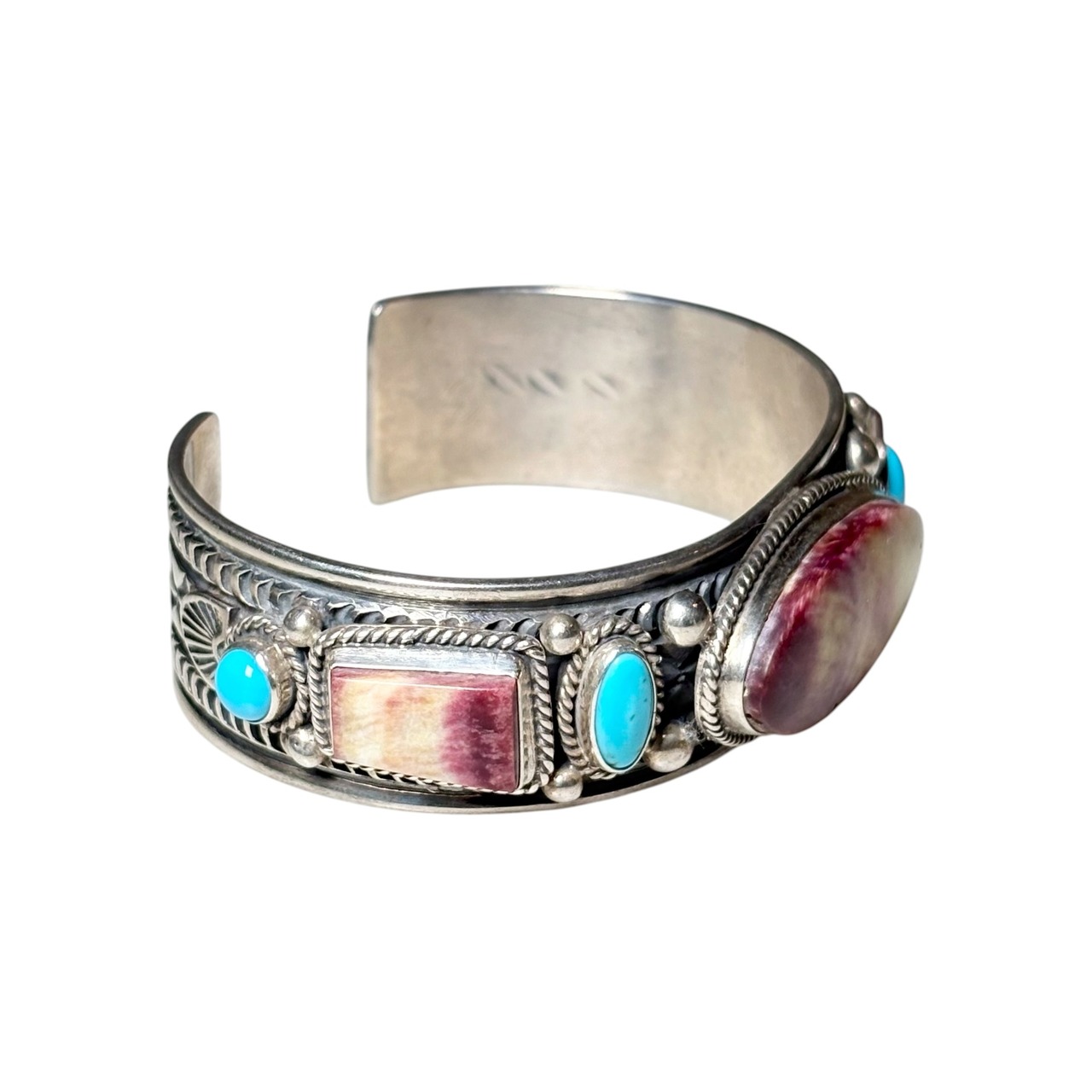 Navajo GUY HOSKIE turquoise & purple spiny oyster 7 stone bangle