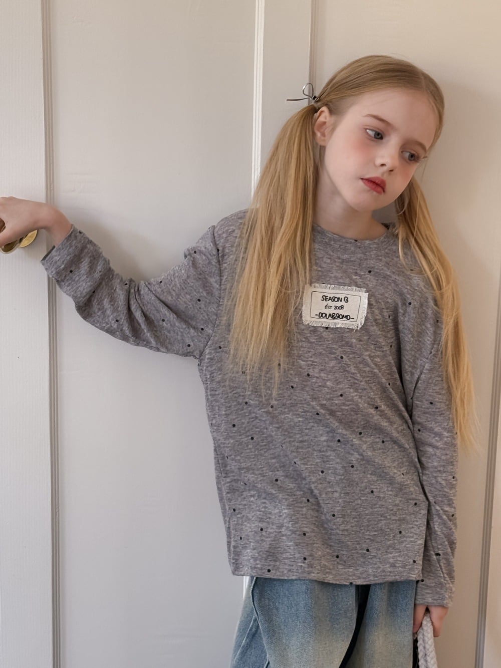 2colorフリンジタグドット薄手トップス