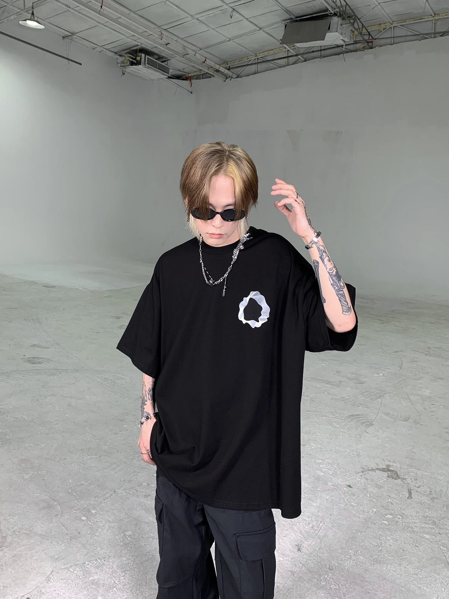 Geometric curve print short sleeve T-shirt 0004