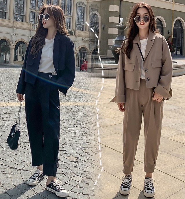 セットアップ レディース 春 カジュアル スーツ ジャケット パンツ 韓国 ファッション 春服 レディース パンツスーツ テーパードパンツ ショートジャケット 上下セット レディース ベージュ 黒 セット Vestito