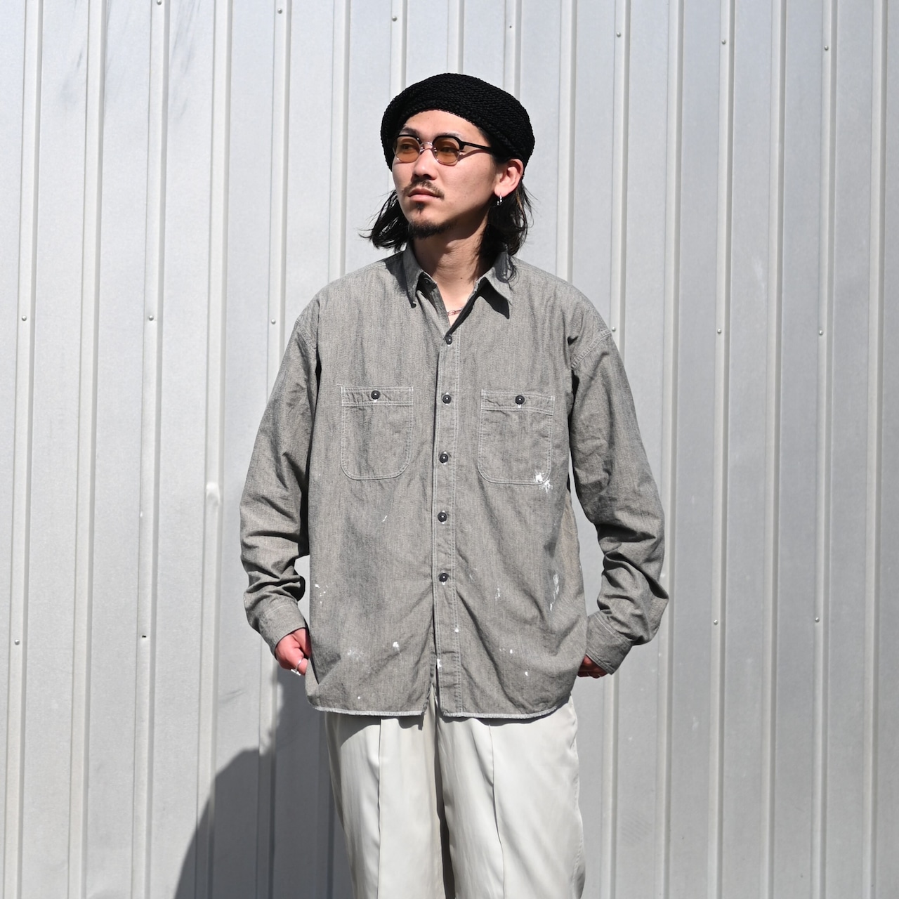INTERIM(インテリム)MILK PAINT VINTAGE WASH BLACK SHUTTLE CHAMBRAY HYPER BIG US NAVY WORK SHIRT TYPE2