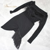 社交ダンス 衣装 ラテン ドレス ワンピース レッスンウェア パーティ衣装 オールシーズン 黒 アシメ ブラック系 フリンジ レース 透け感 長袖 ラテンステージ衣装 フリンジドレス エレガント身体のラインを強調 ショート丈 サマーイベント デザイン性高い 大人女性 着心地抜群 透け感オシャレ 美しいシルエット クラシックスタイル セクシー 伸縮性あり アシンメトリー