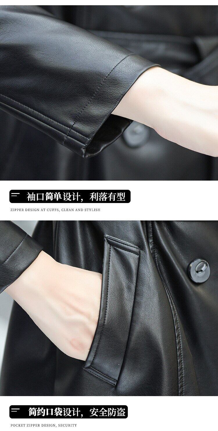 秋の革のコートの女性ロンググリーンサッシダブルブレスト拡張革風