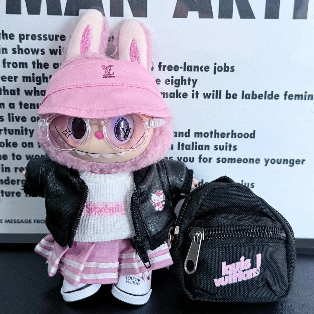 軽奢スポーツ風 フルセット ブラック×ピンク配色 ラブライブ 17cm用 ジャケット (猫柄プリント) & リュックサック付き