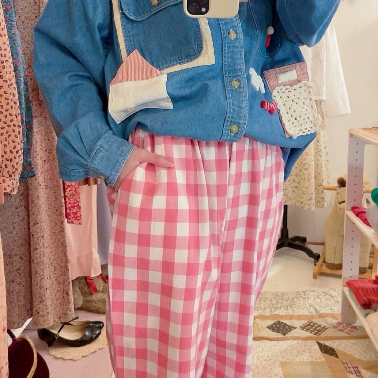 pink block check pants