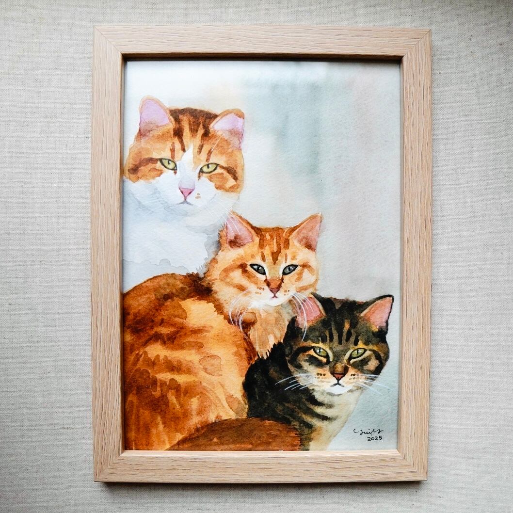 猫の絵 383 水彩画 原画 ミニ色紙 キジトラ | Forest cat