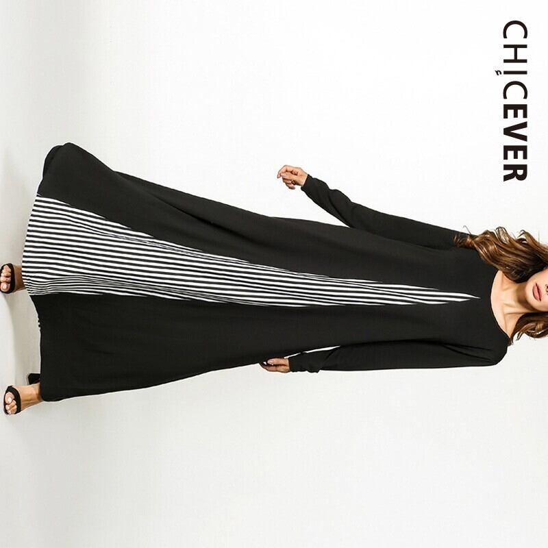 CHICEVERパッチワークストライプドレス女性Oネック長袖ルーズプラスサイズ編み物ドレス服 ロング 大きめサイズ 6base598683297479