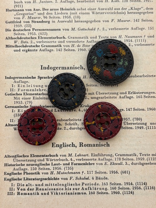 フランス Vintage ヴィンテージボタン 4個セット レザー調 20mm／25mm プラスチックボタン アクセサリーパーツ デコレーション材 カルトナージュ