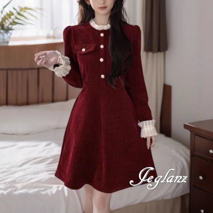 ベルベット調 バイカラー ワンピース ドレス クラシカル 2色 ♪(MB291)η