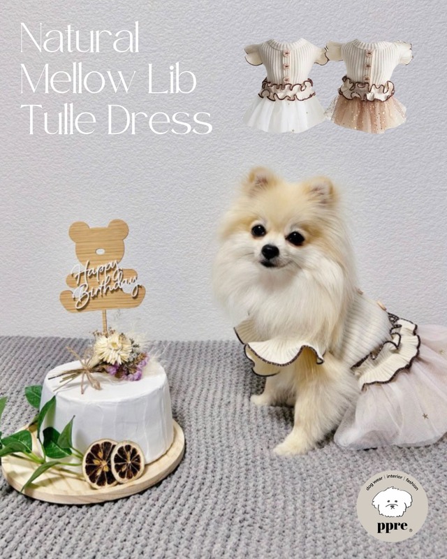 ナチュラル メロウリブ チュール ワンピース 犬服 ドッグウェア チュニック ドレス フリル キラキラ ボタン かわいい チュチュ