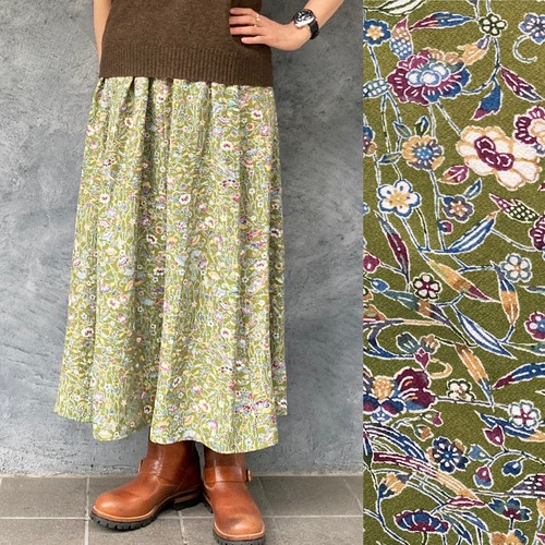 【SALE】着物リメイクギャザーロングスカート - kimono elastic waist skirt