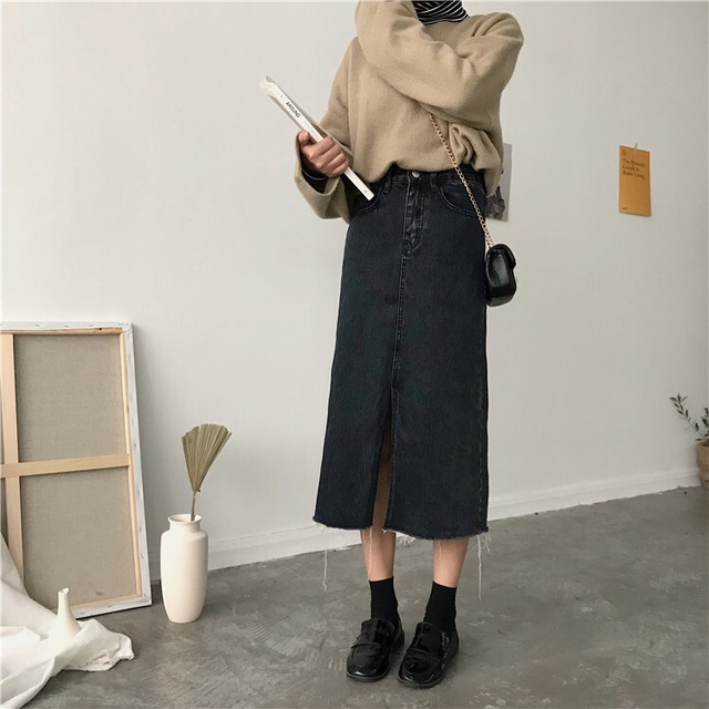 デニムスカート レディース ブラックデニム 春夏 秋冬 春 夏 秋 冬 黒 スカート ミディアム ロングスカート スリット デニム ロング ひざ丈 スカート ヒザ下 膝丈 ブラック カジュアル カットオフ 切りっぱなし タイトスカート デイリー お出かけ 10代 代 30代 K S0001