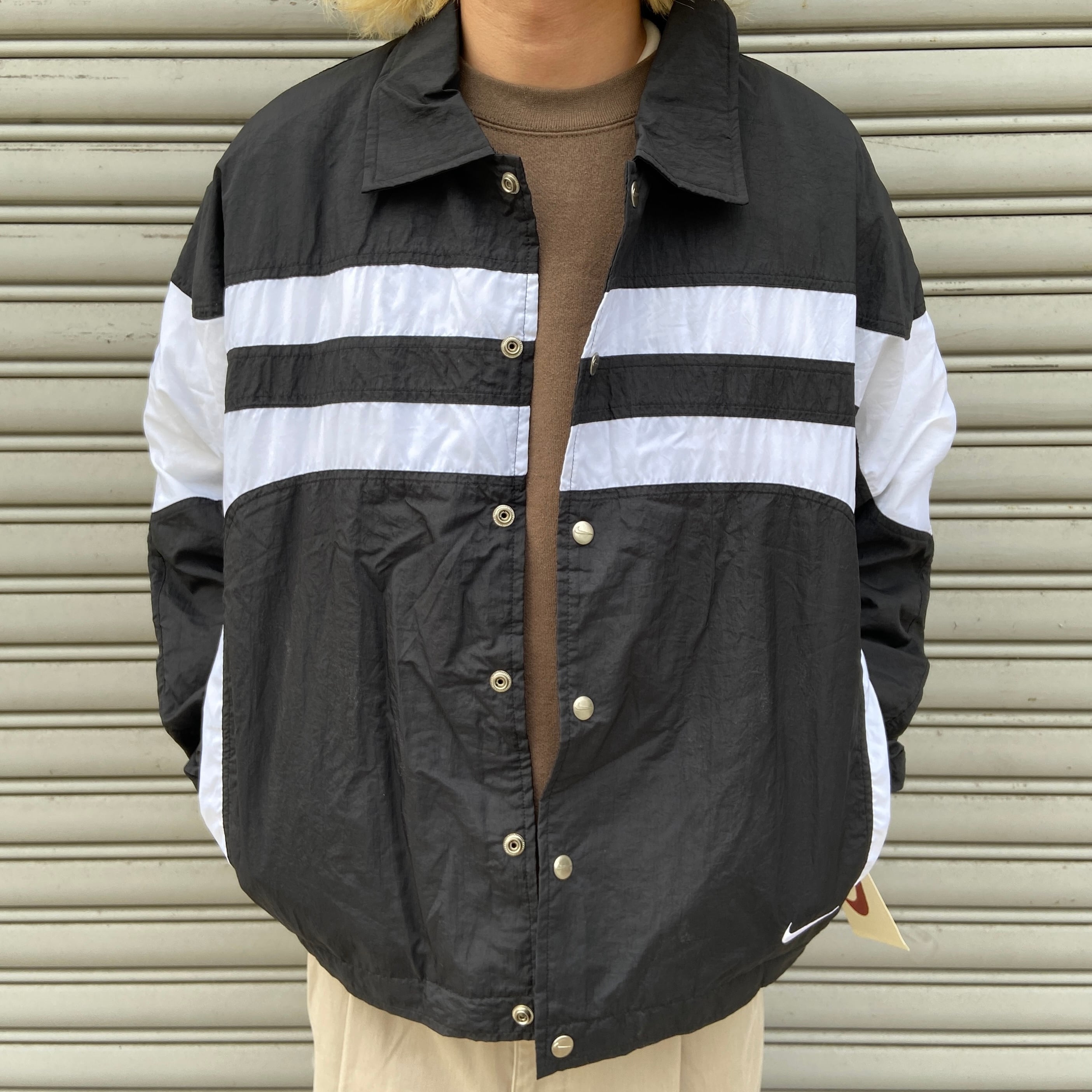 デッドストック 90s NIKE ナイロンジャケット 黒白 M スウォッシュロゴ