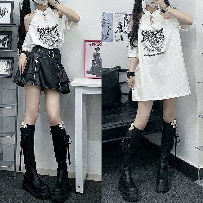 サブカル系 地雷ロングTシャツ オフショルダー チャイナ服風