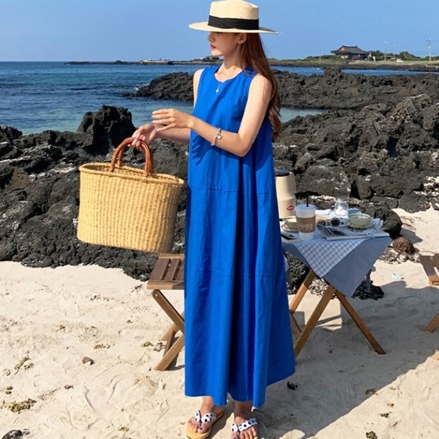 青 ワンピース ノースリーブ 韓国 ファッション レディース 夏服 夏物 マキシワンピース 夏 ノースリーブ サマーワンピース サンドレス コバルトブルー フレア Aライン リネン コットン ワンピース ロング 夏物 ワンピ Vestito