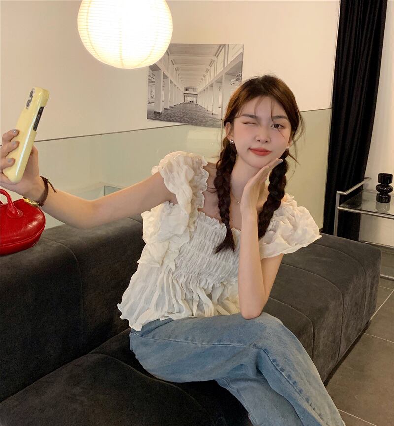 ·韓国風 可愛い パフスリーブ 優しい トップス シャツ ブラウス