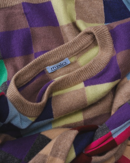 ［2000s］"malo" Pure Cashmere Mulch Check Design Knit Sweater （Made in Italy）