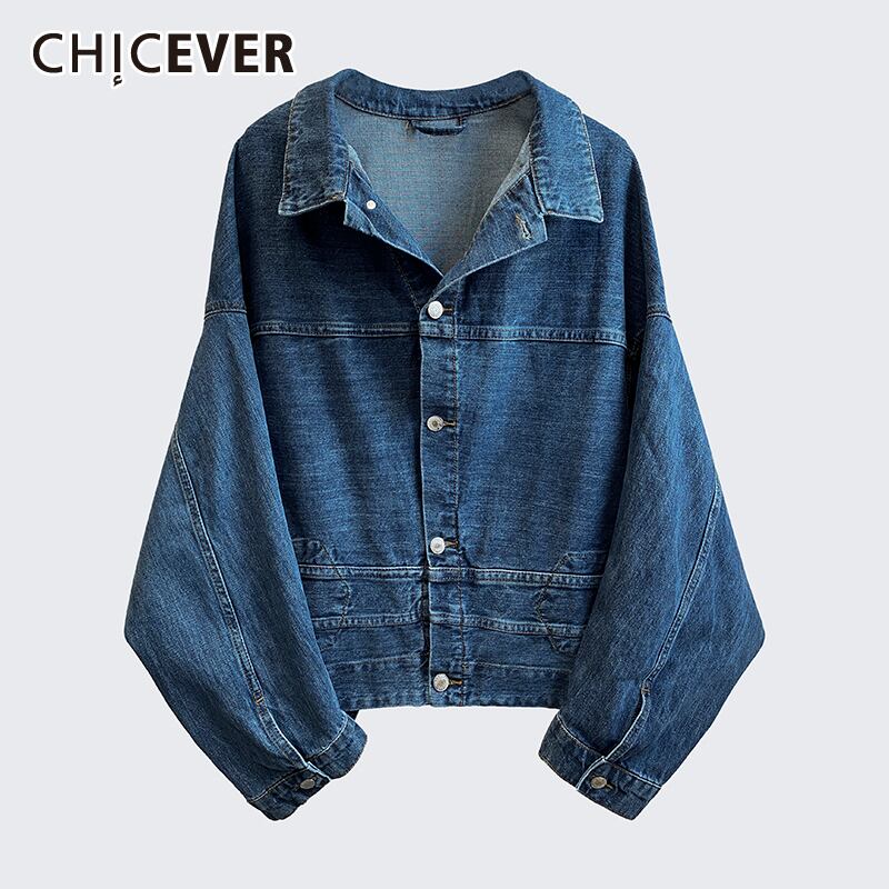 CHICEVERジャケットレディースラペル長袖パッチワークデニムルーズストリートウェアブルーコート2020秋 ロング オータム 秋物 6base591935796682