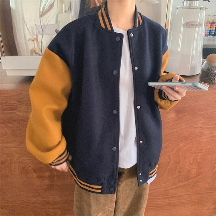 Cuteな 秋カラー スタジャン ブルゾン バイカラー ラインリブ ゆるダボ カジュアル メンズライク 古着風 Lamitte Deco トレンド 韓国ファッション ショップ Base店