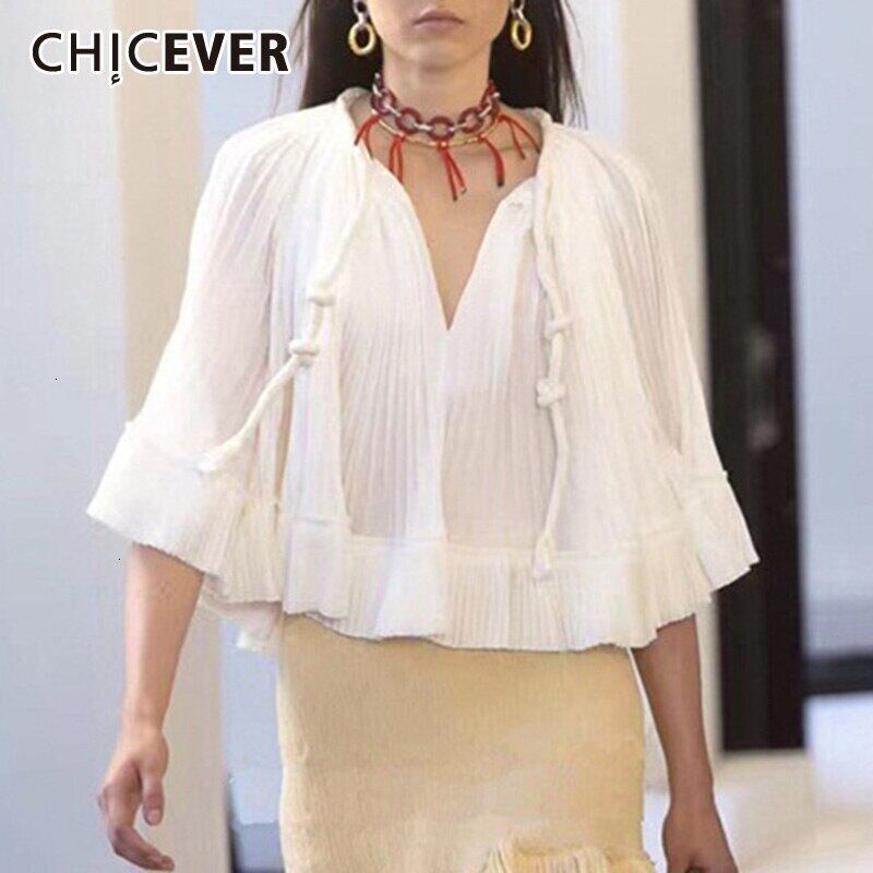 CHICEVERホワイトシフォンシャーリングウィメンズブラウスVネックバットウィングスリーブドローストリングオータムシャツ2020洋服 秋物 6base558537026134