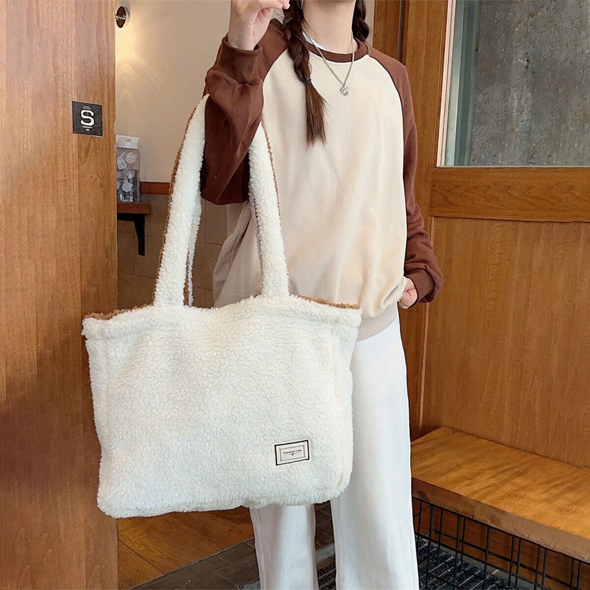 もこもこ トートバッグ リバーシブル レディース 秋冬 韓国 大容量 通勤 通学 A4 おしゃれ 大人 かわいい 軽量 シンプル きれいめ 柔らかい ふわふわ 大人可愛い 大人女子