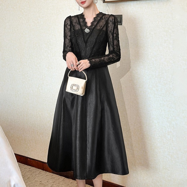 【夕暮薔薇シリーズ】ワンピース レース Vネック パーティー ブラック S M L XL