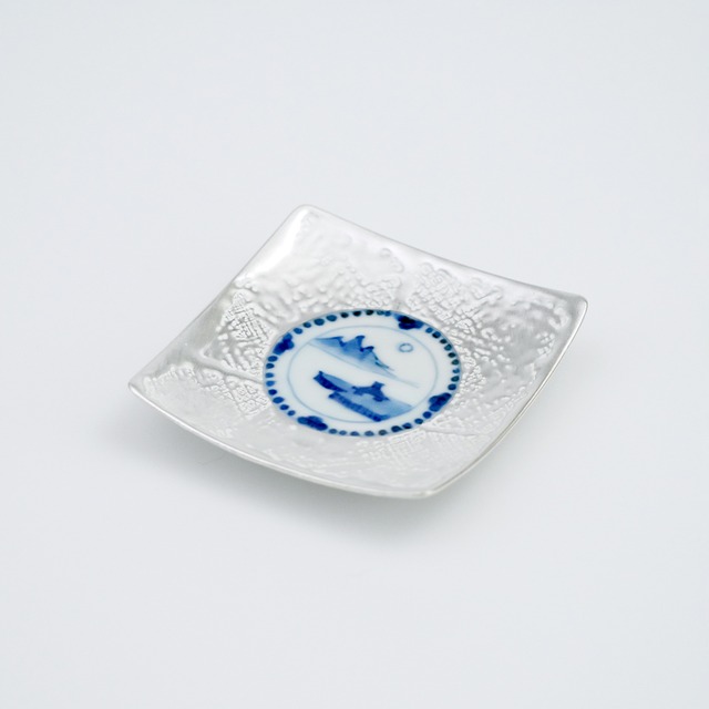 銀彩染付 山水豆皿図 9cm角小皿