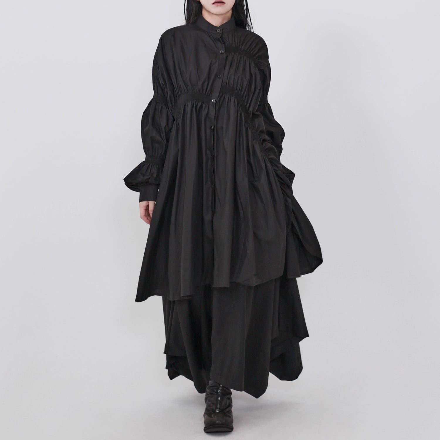 バンドカラー ギャザー ロング丈 シャツワンピース 1color BL0544