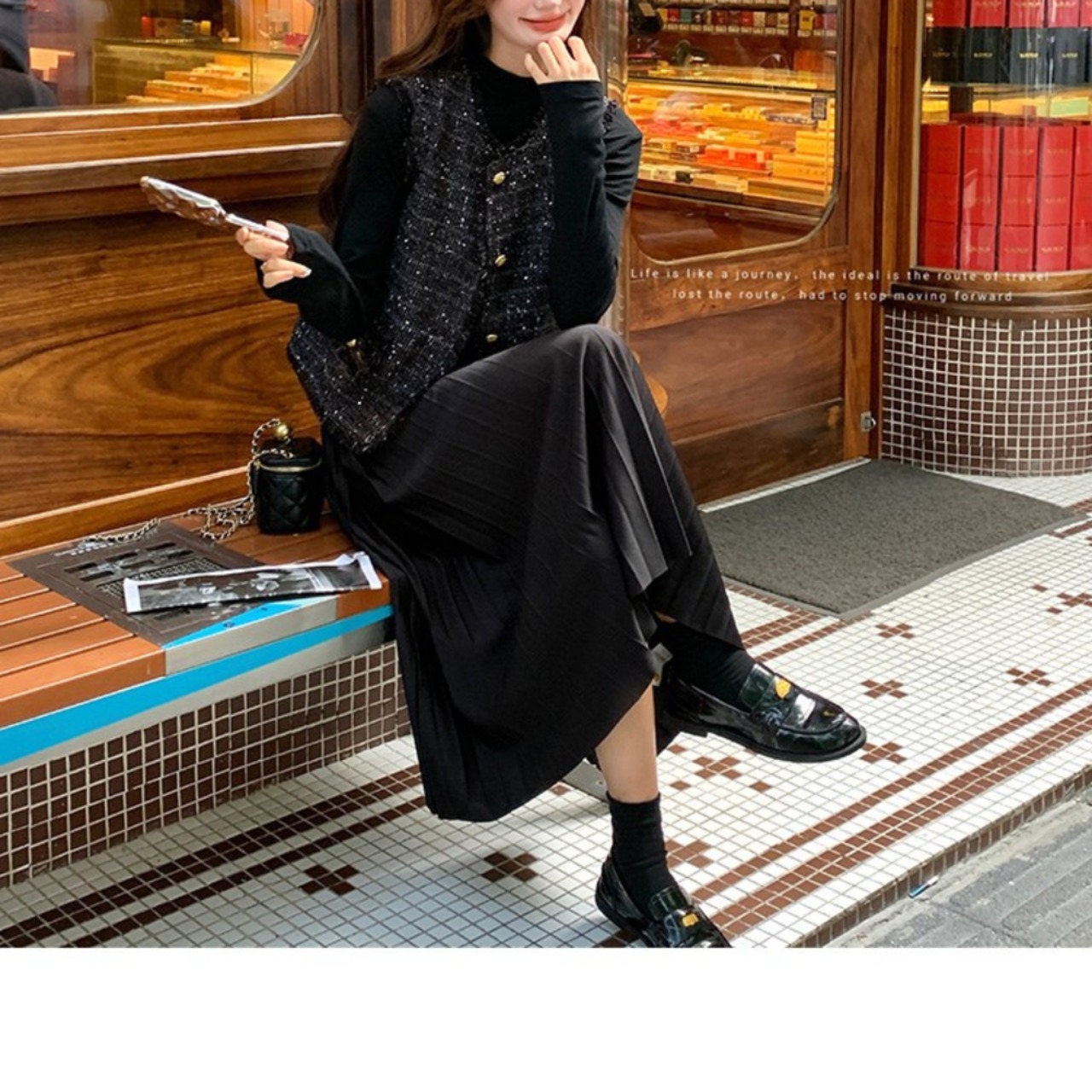 ゴールドボタン ミドル丈 ツイード ベスト W01400