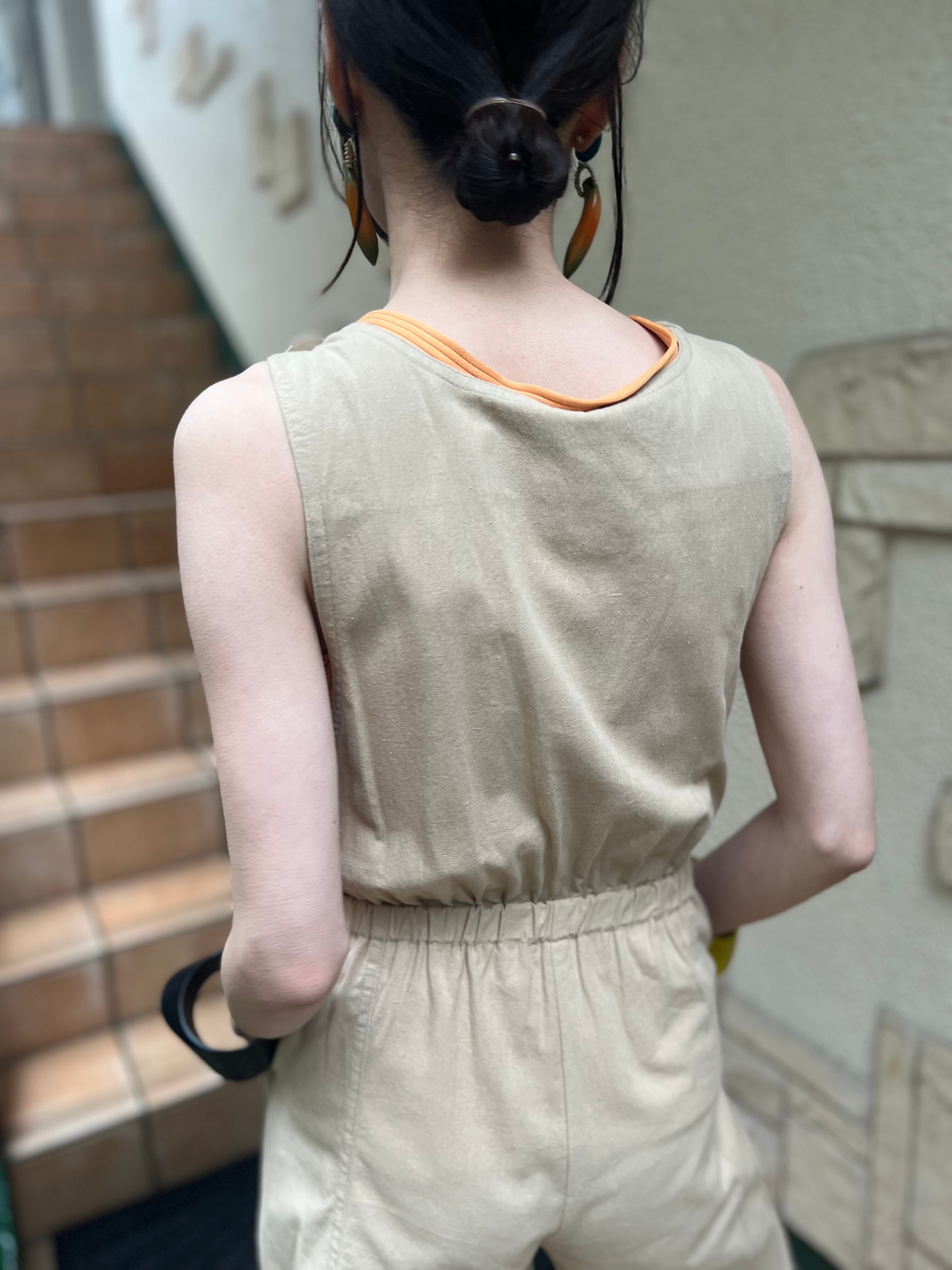 Dead stock simple cotton sleeveless beige jumpsuits ( 未使用 
