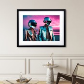 Beach Date 2062｜未来の恋人たちを描くネオレトロアート｜モダン空間に映える近未来ビーチポスター｜額縁付きA4ポスター